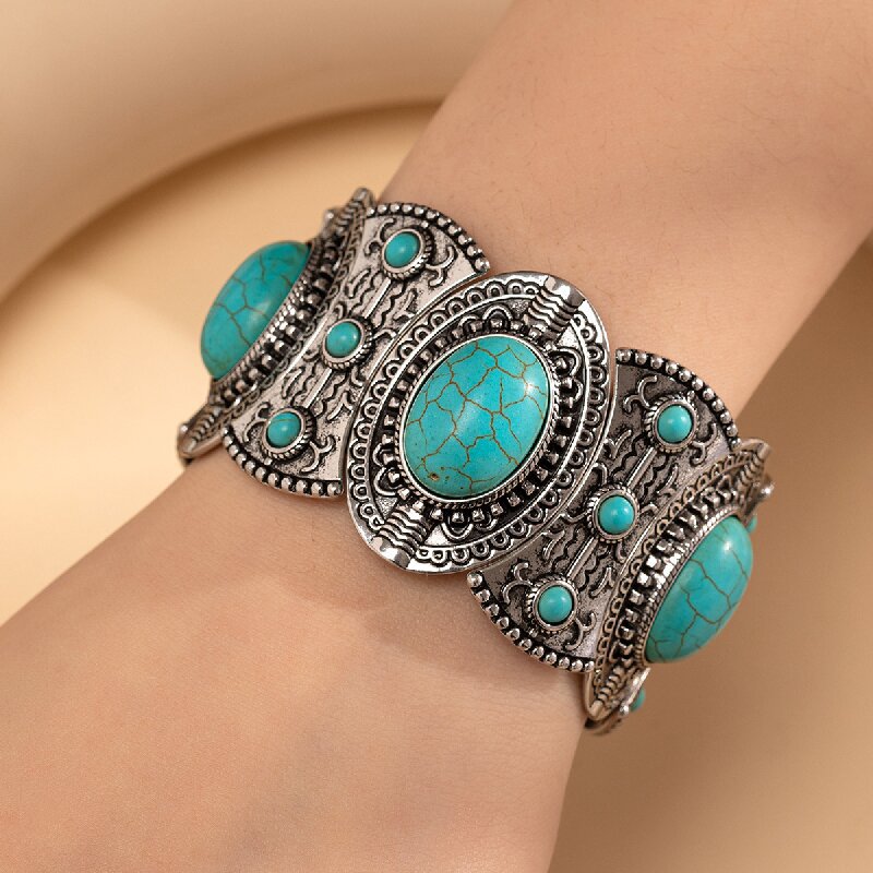 Brazalete de aleación de turquesa con incrustaciones con incrustaciones huecas al por mayor